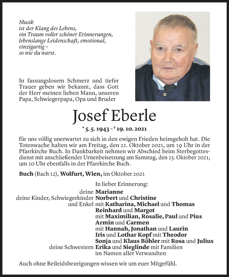  Todesanzeige für Josef Eberle vom 20.10.2021 aus Vorarlberger Nachrichten