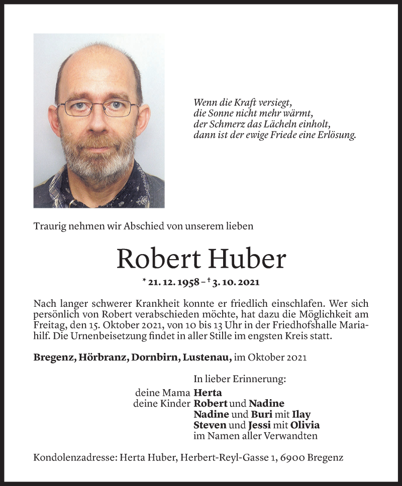  Todesanzeige für Robert Huber vom 08.10.2021 aus Vorarlberger Nachrichten