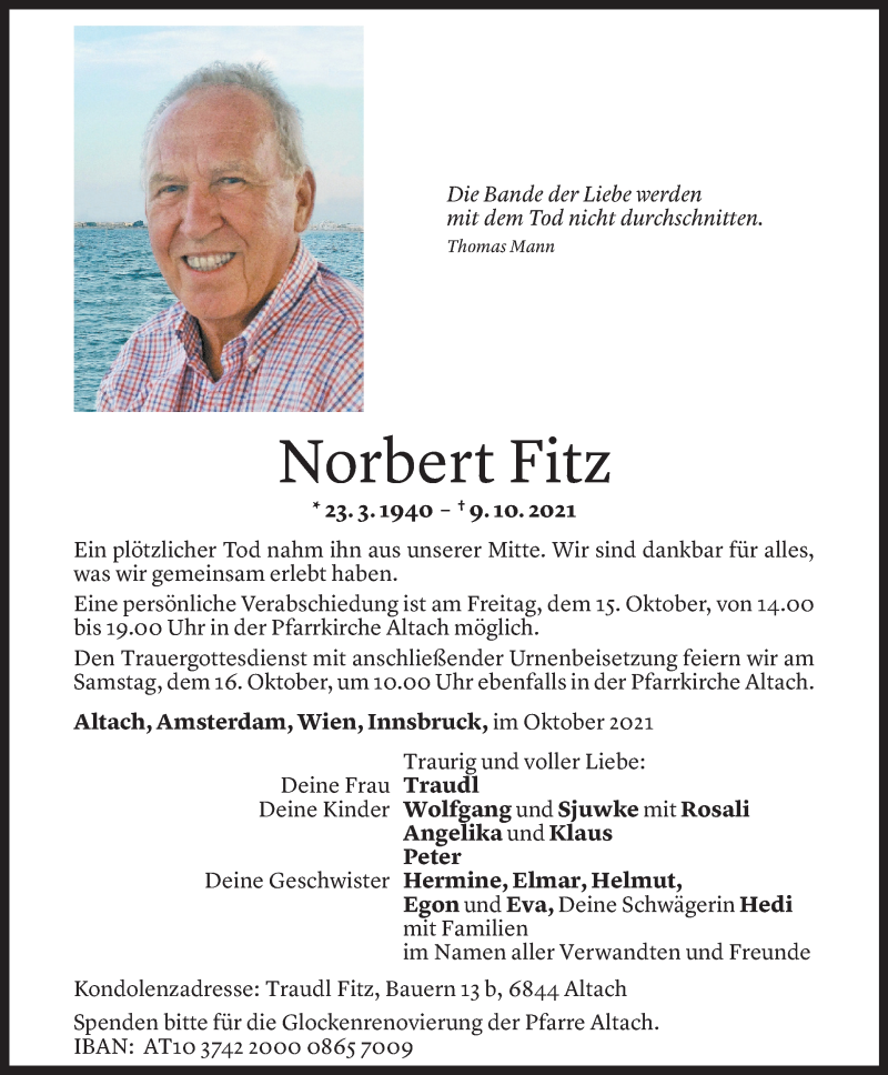  Todesanzeige für Norbert Fitz vom 14.10.2021 aus Vorarlberger Nachrichten