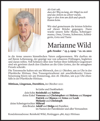 Todesanzeige von Marianne Wild von Vorarlberger Nachrichten