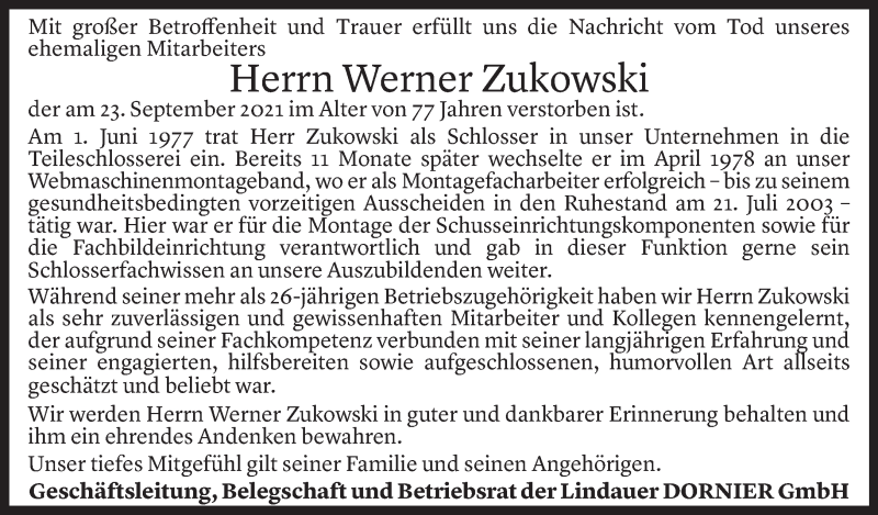  Todesanzeige für Werner Zukowski vom 05.10.2021 aus Vorarlberger Nachrichten