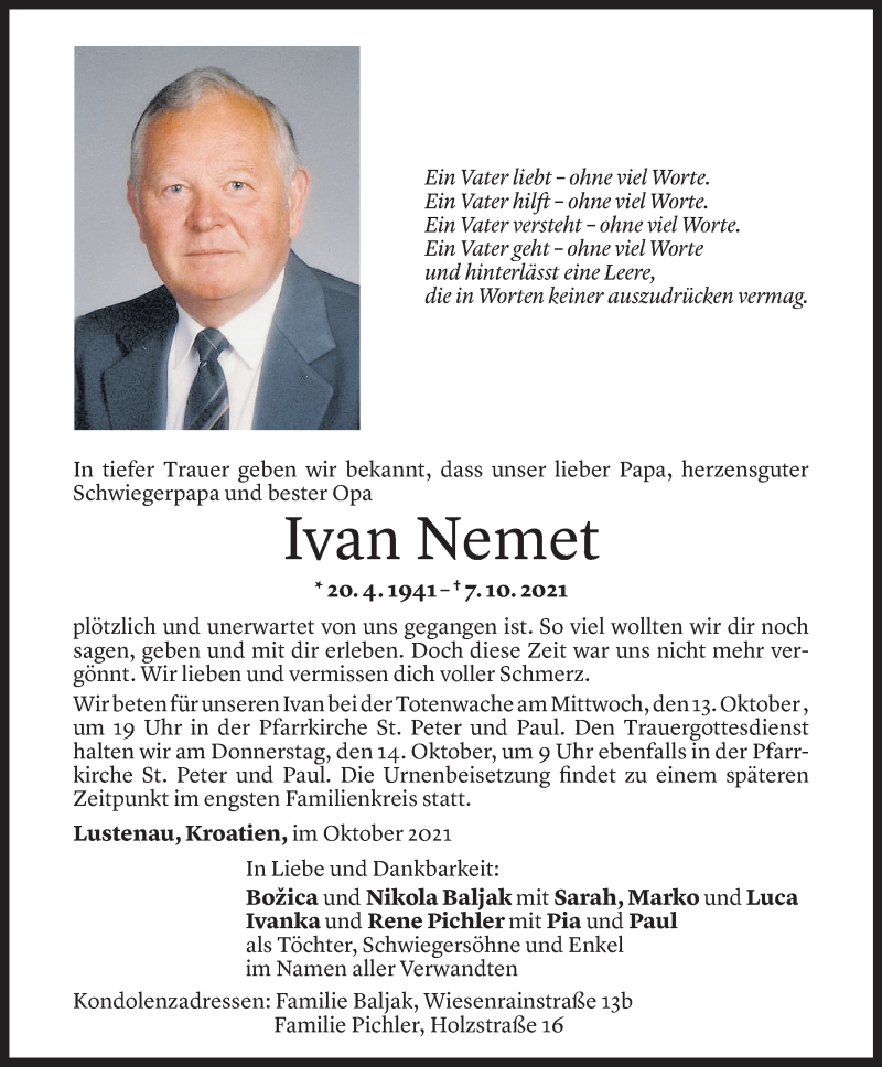  Todesanzeige für Ivan Nemet vom 10.10.2021 aus Vorarlberger Nachrichten
