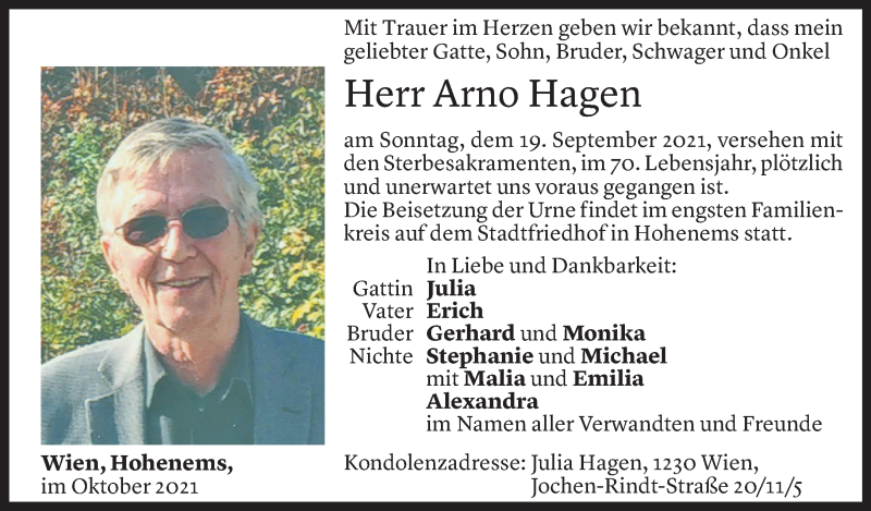  Todesanzeige für Arno Hagen vom 02.10.2021 aus Vorarlberger Nachrichten