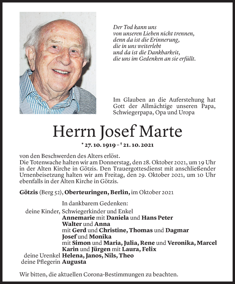  Todesanzeige für Josef Marte vom 26.10.2021 aus Vorarlberger Nachrichten