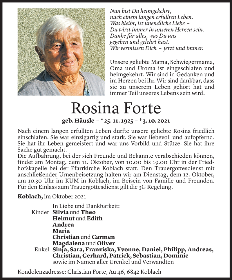  Todesanzeige für Rosina Forte vom 09.10.2021 aus Vorarlberger Nachrichten