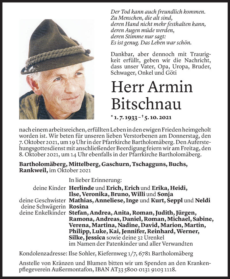  Todesanzeige für Armin Bitschnau vom 06.10.2021 aus Vorarlberger Nachrichten