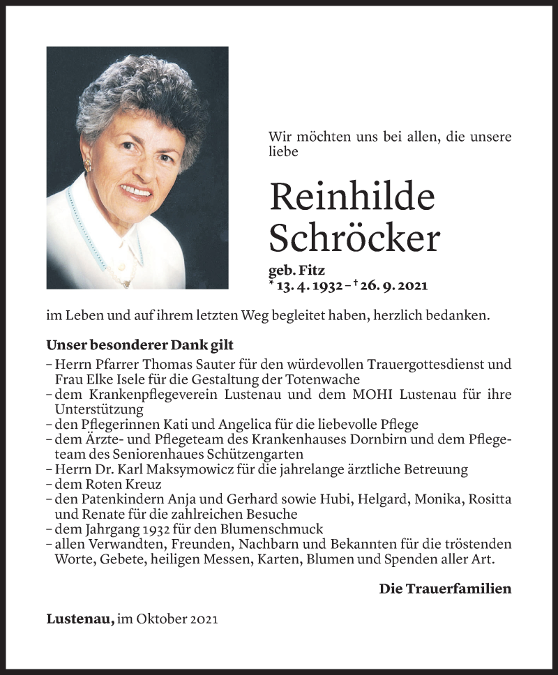  Todesanzeige für Reinhilde Schröcker vom 29.10.2021 aus Vorarlberger Nachrichten