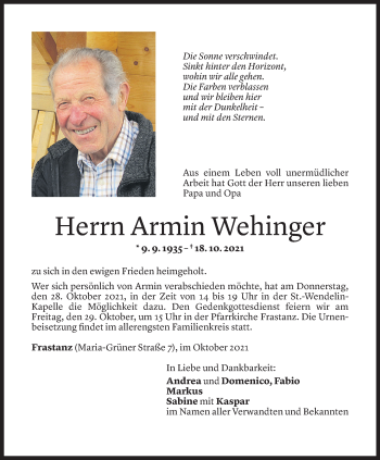 Todesanzeige von Armin Wehinger von Vorarlberger Nachrichten