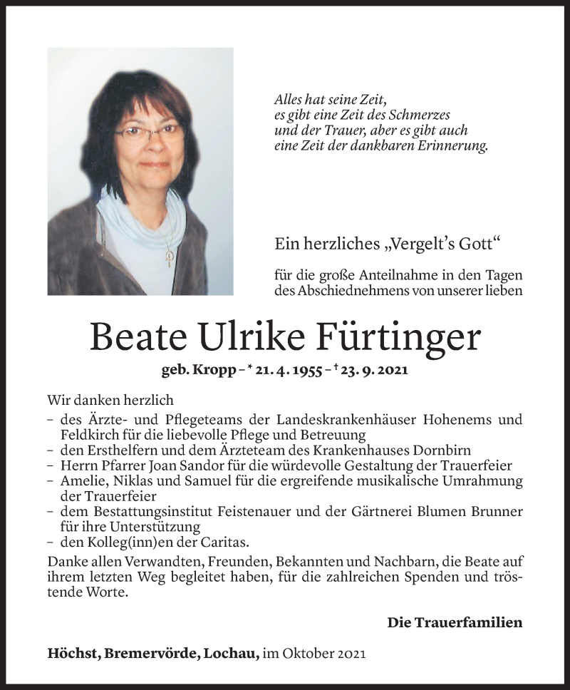  Todesanzeige für Beate Ulrike Fürtinger vom 07.10.2021 aus Vorarlberger Nachrichten