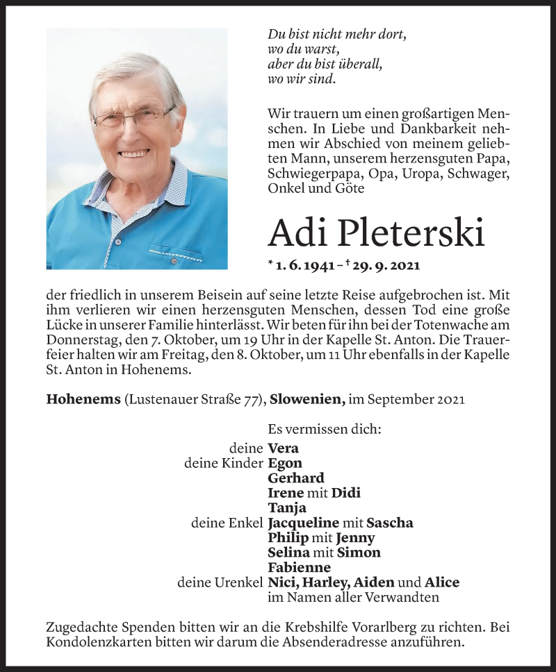  Todesanzeige für Adolf Pleterski vom 01.10.2021 aus Vorarlberger Nachrichten