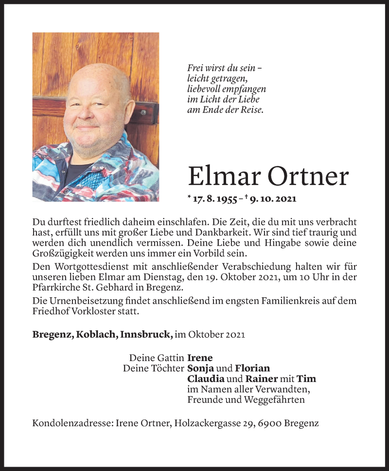  Todesanzeige für Elmar Ortner vom 14.10.2021 aus Vorarlberger Nachrichten
