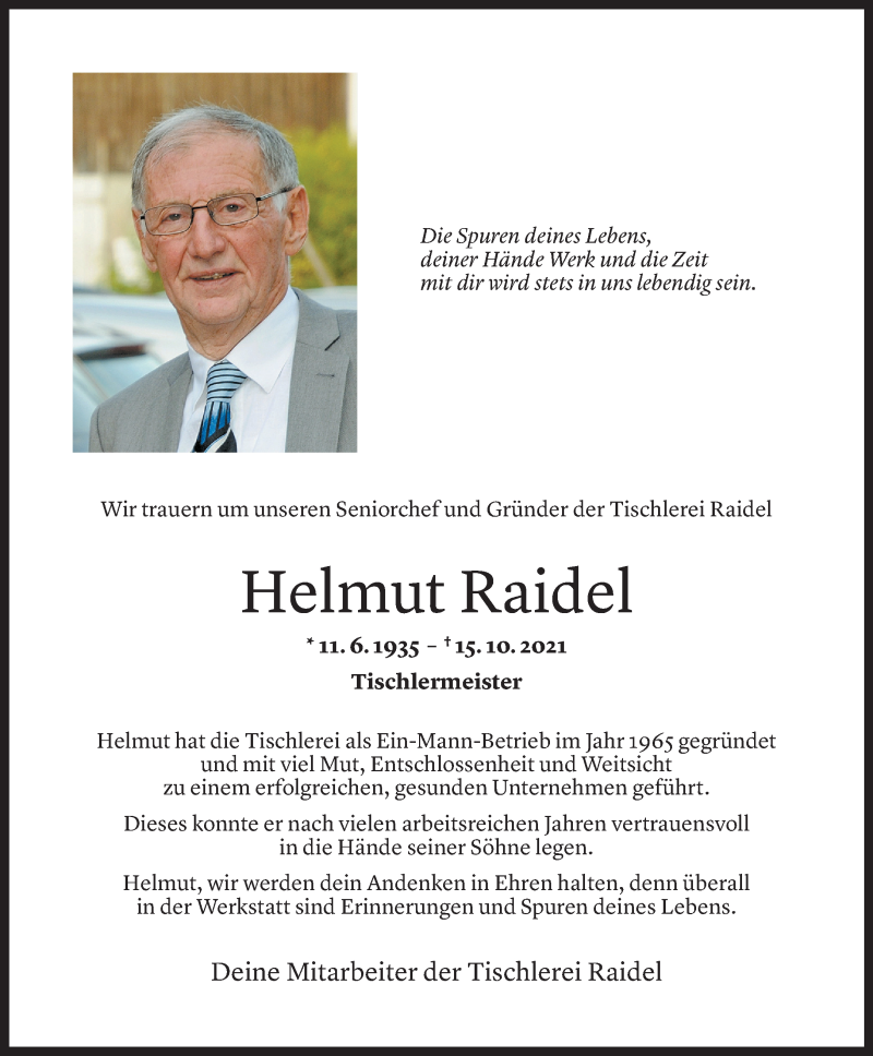  Todesanzeige für Helmut Raidel vom 16.10.2021 aus vorarlberger nachrichten