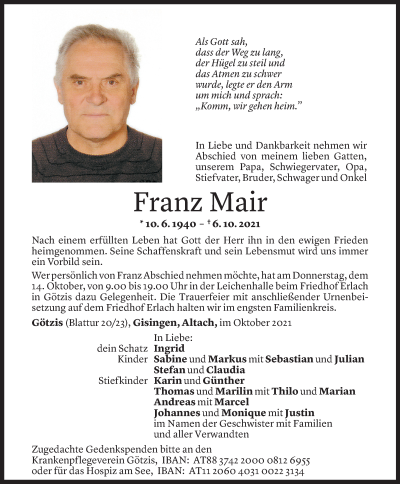  Todesanzeige für Franz Mair vom 12.10.2021 aus Vorarlberger Nachrichten