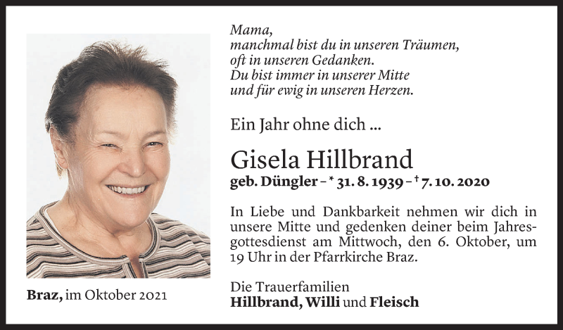  Todesanzeige für Gisela Hillbrand vom 06.10.2021 aus Vorarlberger Nachrichten