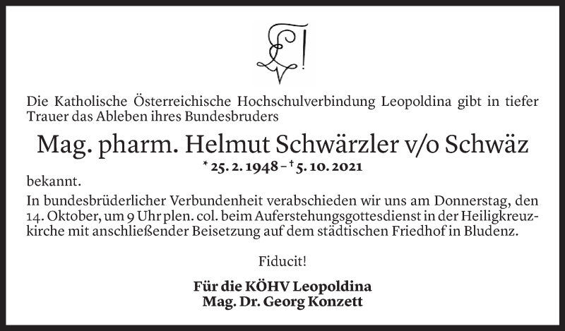  Todesanzeige für Helmut Schwärzler vom 10.10.2021 aus Vorarlberger Nachrichten