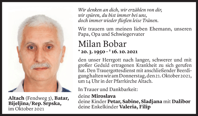  Todesanzeige für Milan Bobar vom 18.10.2021 aus Vorarlberger Nachrichten