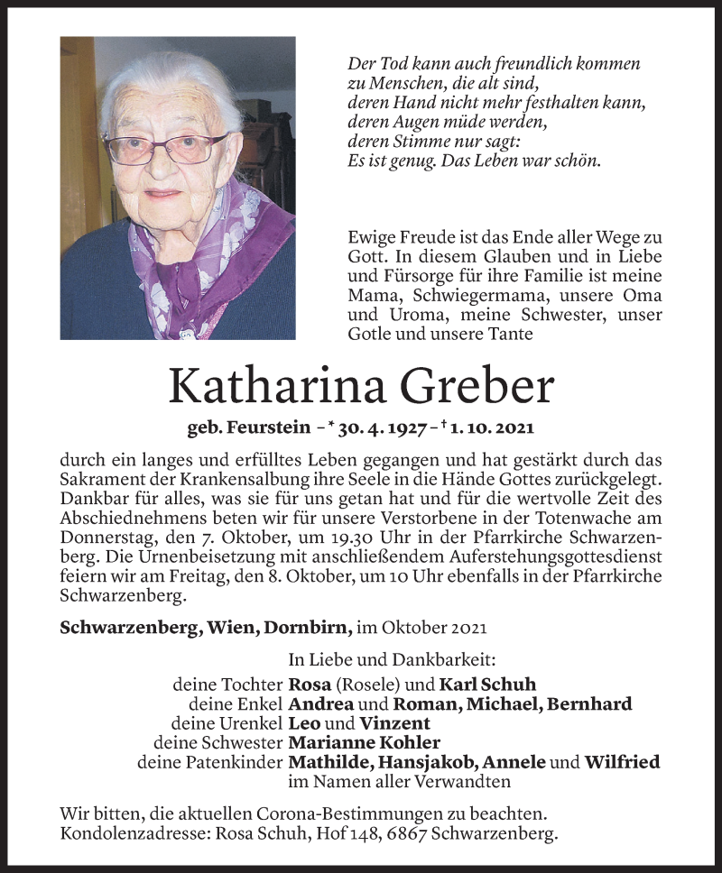  Todesanzeige für Katharina Greber vom 05.10.2021 aus Vorarlberger Nachrichten