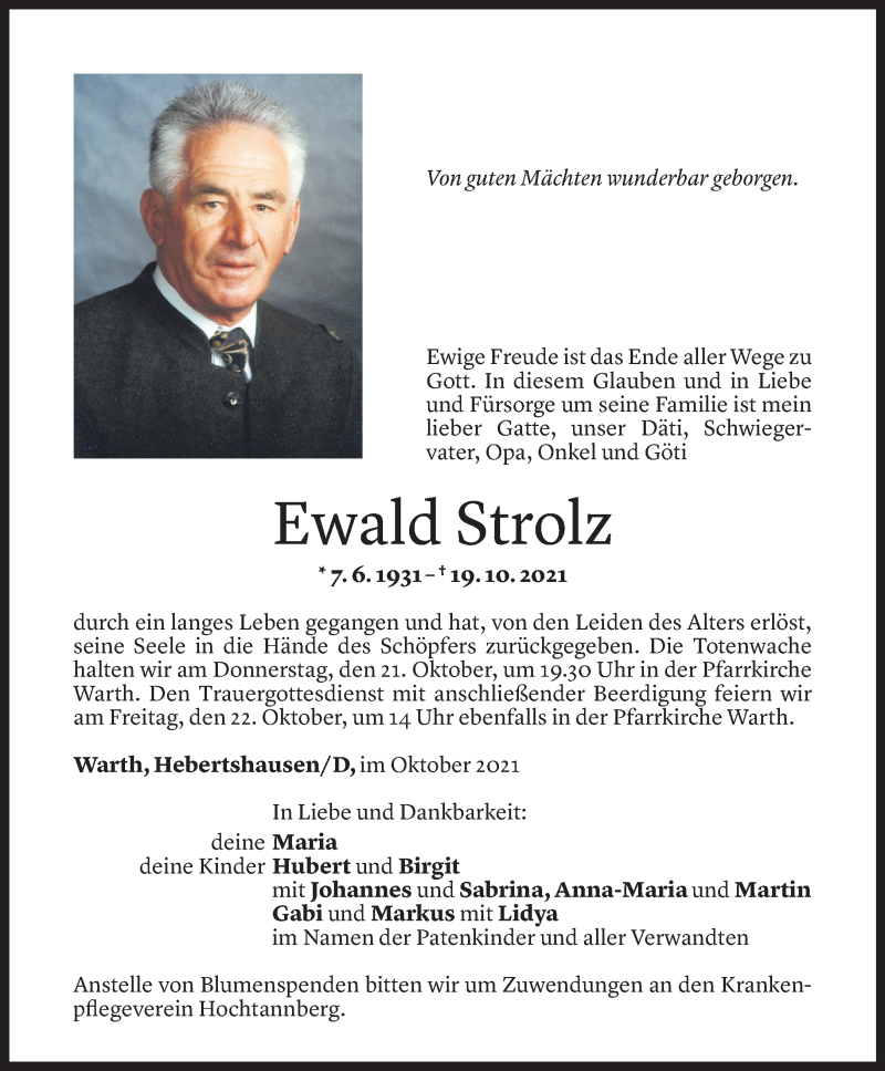  Todesanzeige für Ewald Strolz vom 20.10.2021 aus Vorarlberger Nachrichten