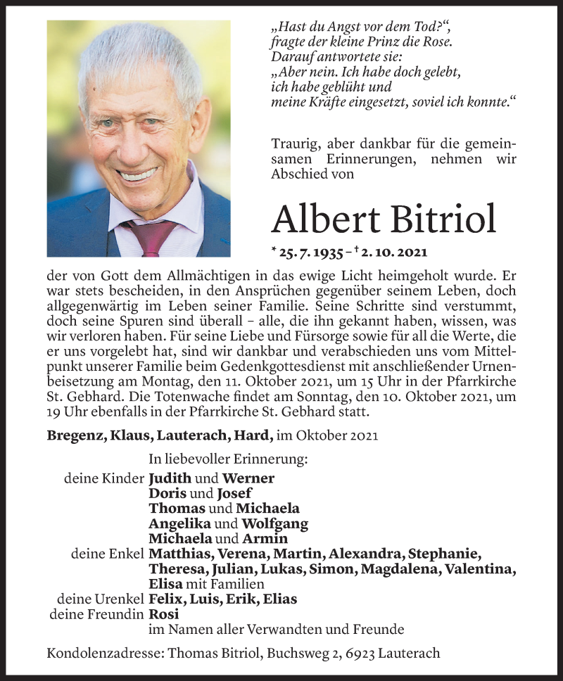  Todesanzeige für Albert Bitriol vom 07.10.2021 aus Vorarlberger Nachrichten