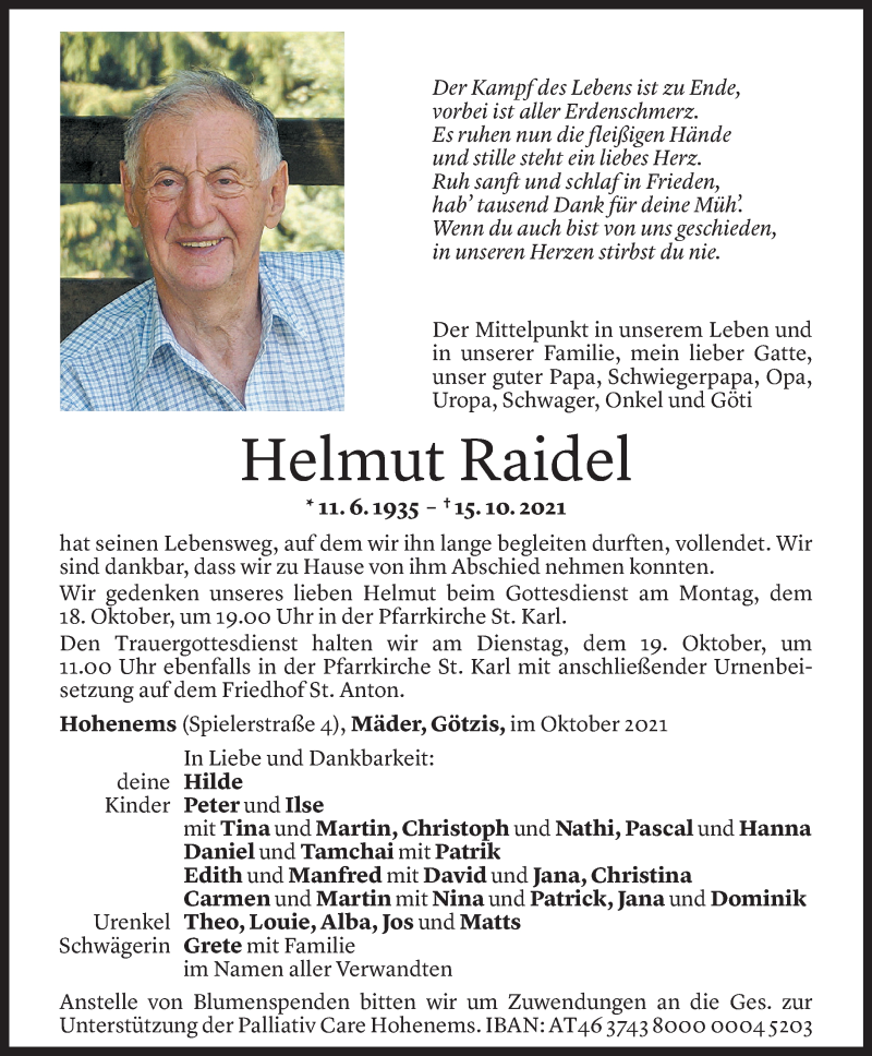  Todesanzeige für Helmut Raidel vom 16.10.2021 aus Vorarlberger Nachrichten