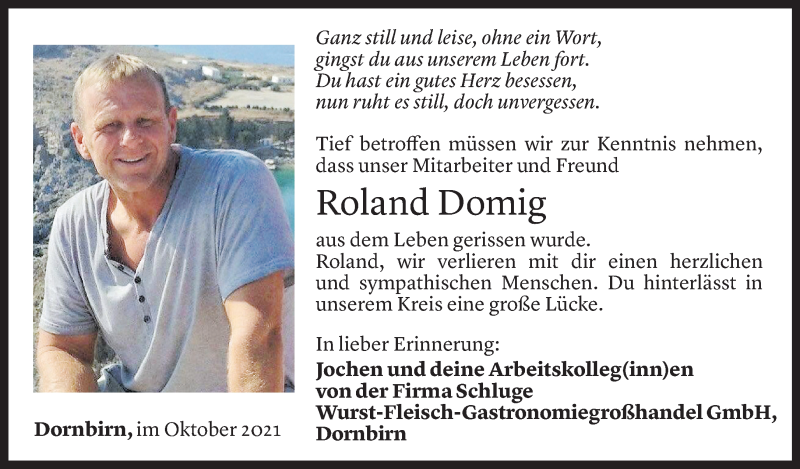  Todesanzeige für Roland Domig vom 06.10.2021 aus Vorarlberger Nachrichten