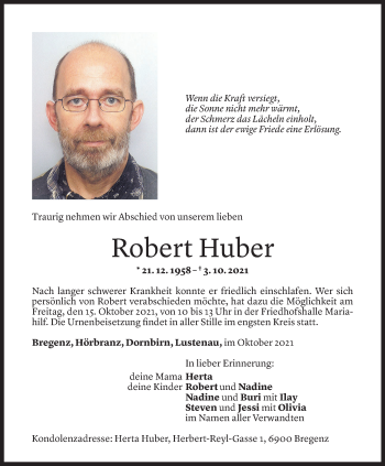 Todesanzeige von Robert Huber von Vorarlberger Nachrichten