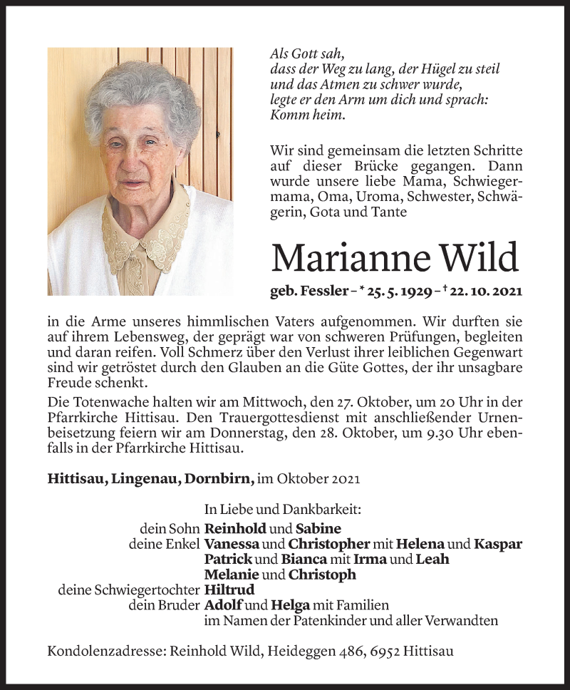  Todesanzeige für Marianne Wild vom 24.10.2021 aus Vorarlberger Nachrichten