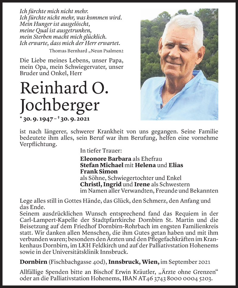  Todesanzeige für Reinhard Jochberger vom 09.10.2021 aus Vorarlberger Nachrichten