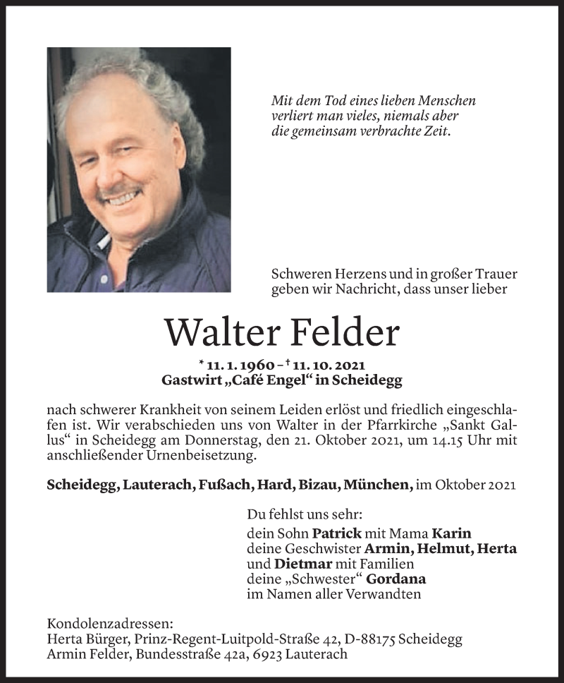  Todesanzeige für Walter Felder vom 17.10.2021 aus Vorarlberger Nachrichten