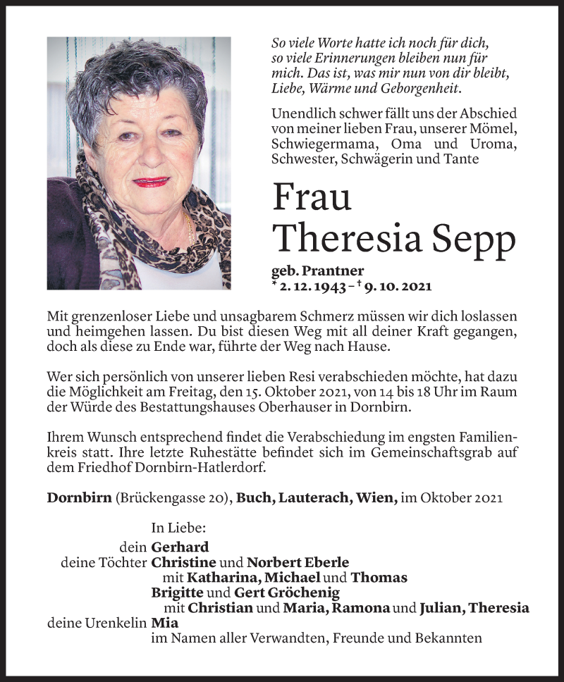  Todesanzeige für Theresia Sepp vom 13.10.2021 aus Vorarlberger Nachrichten
