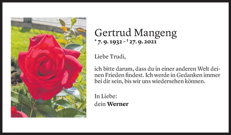  Todesanzeige für Gertrud Mangeng vom 01.10.2021 aus Vorarlberger Nachrichten