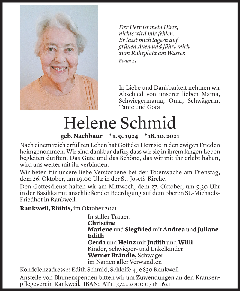  Todesanzeige für Helene Schmid vom 23.10.2021 aus Vorarlberger Nachrichten