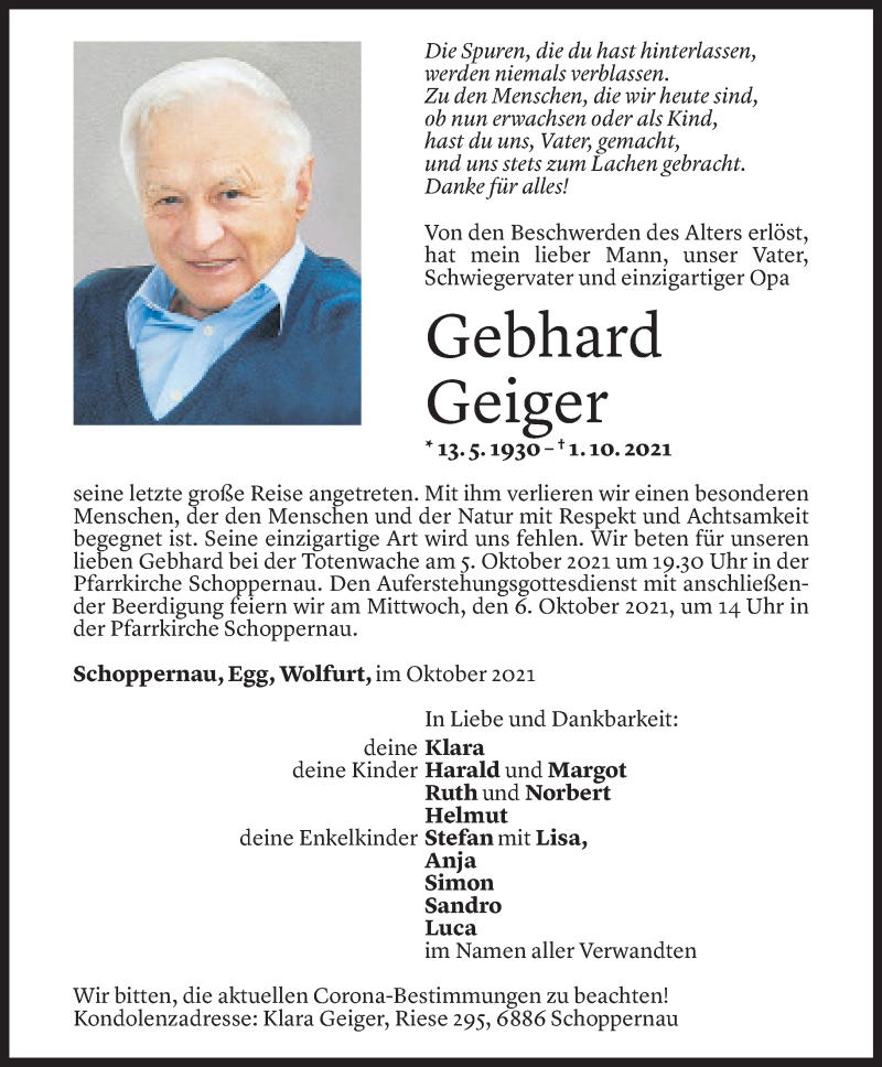  Todesanzeige für Gebhard Geiger vom 03.10.2021 aus Vorarlberger Nachrichten
