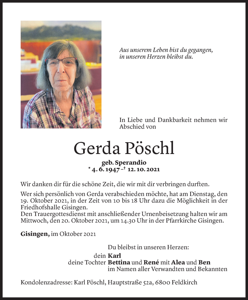  Todesanzeige für Gerda Pöschl vom 15.10.2021 aus Vorarlberger Nachrichten