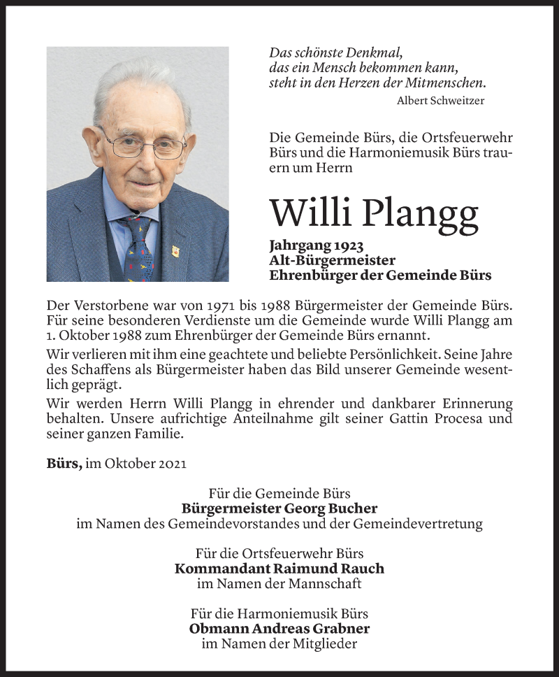  Todesanzeige für Willi Plangg vom 02.10.2021 aus Vorarlberger Nachrichten