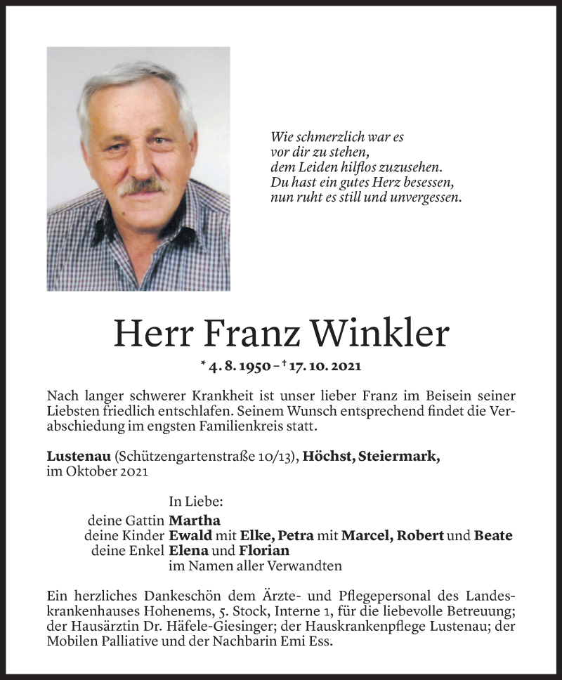  Todesanzeige für Franz Winkler vom 20.10.2021 aus Vorarlberger Nachrichten