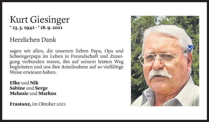  Todesanzeige für Kurt Giesinger vom 17.10.2021 aus Vorarlberger Nachrichten