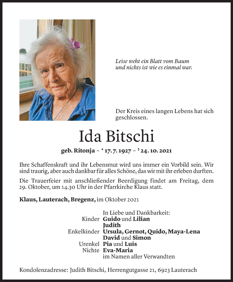  Todesanzeige für Ida Bitschi vom 27.10.2021 aus Vorarlberger Nachrichten