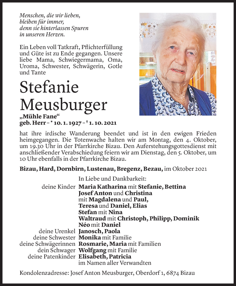  Todesanzeige für Stefanie Meusburger vom 03.10.2021 aus Vorarlberger Nachrichten