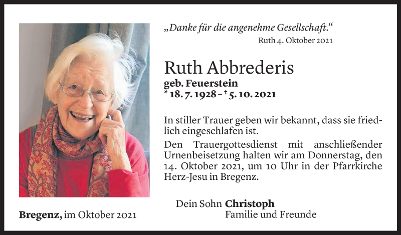  Todesanzeige für Ruth Abbrederis vom 08.10.2021 aus Vorarlberger Nachrichten