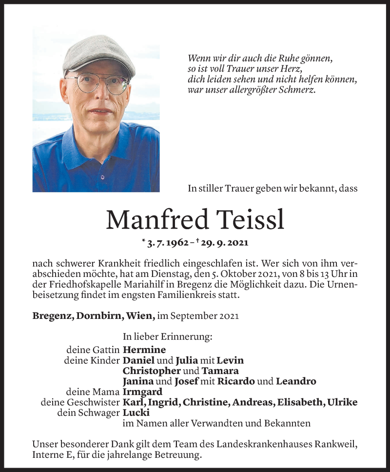  Todesanzeige für Manfred Teissl vom 01.10.2021 aus Vorarlberger Nachrichten