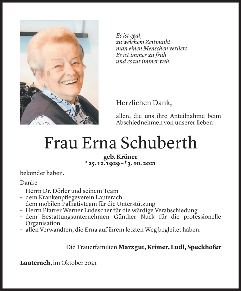  Todesanzeige für Erna Schuberth vom 22.10.2021 aus Vorarlberger Nachrichten