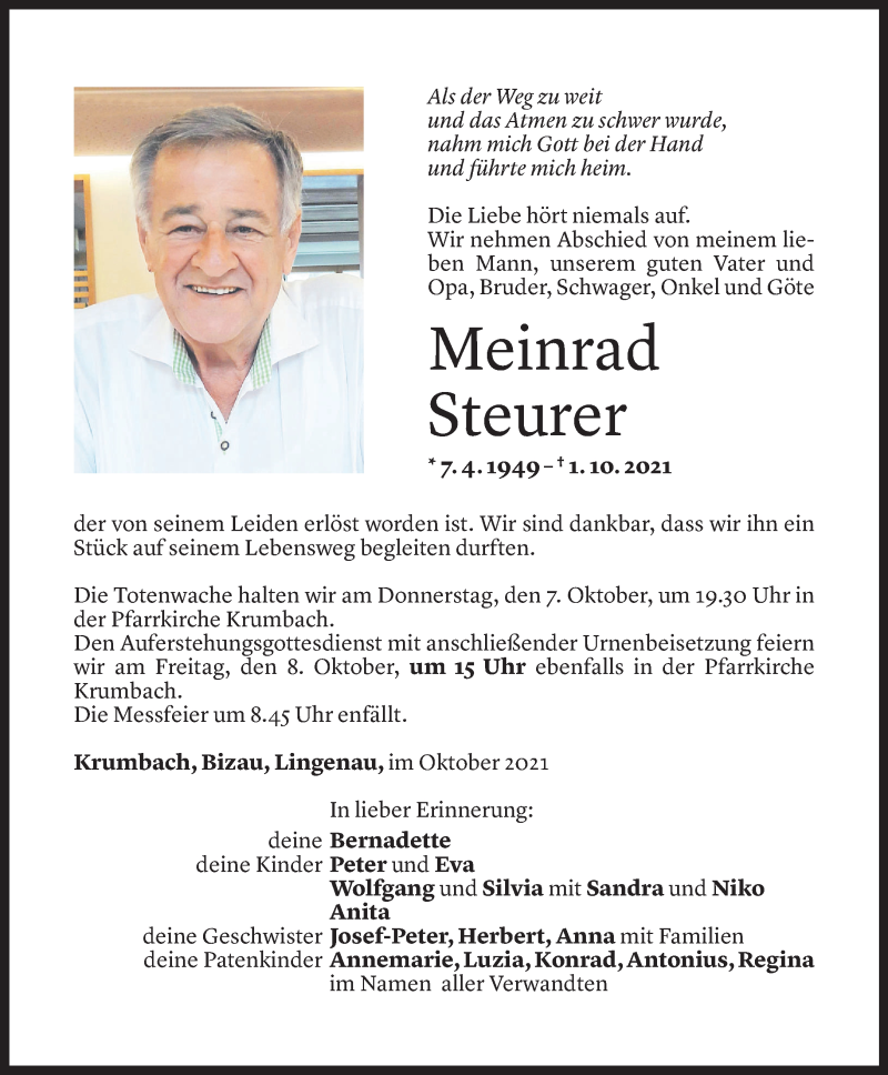  Todesanzeige für Meinrad Steurer vom 05.10.2021 aus Vorarlberger Nachrichten