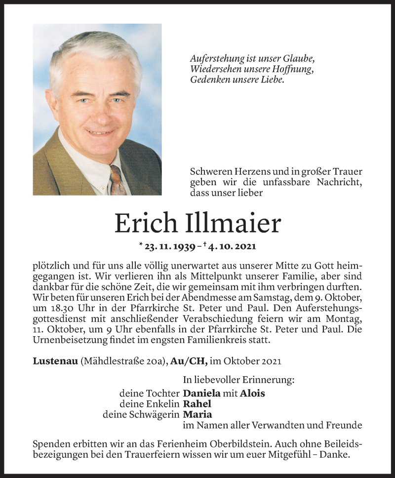  Todesanzeige für Erich Illmaier vom 06.10.2021 aus Vorarlberger Nachrichten