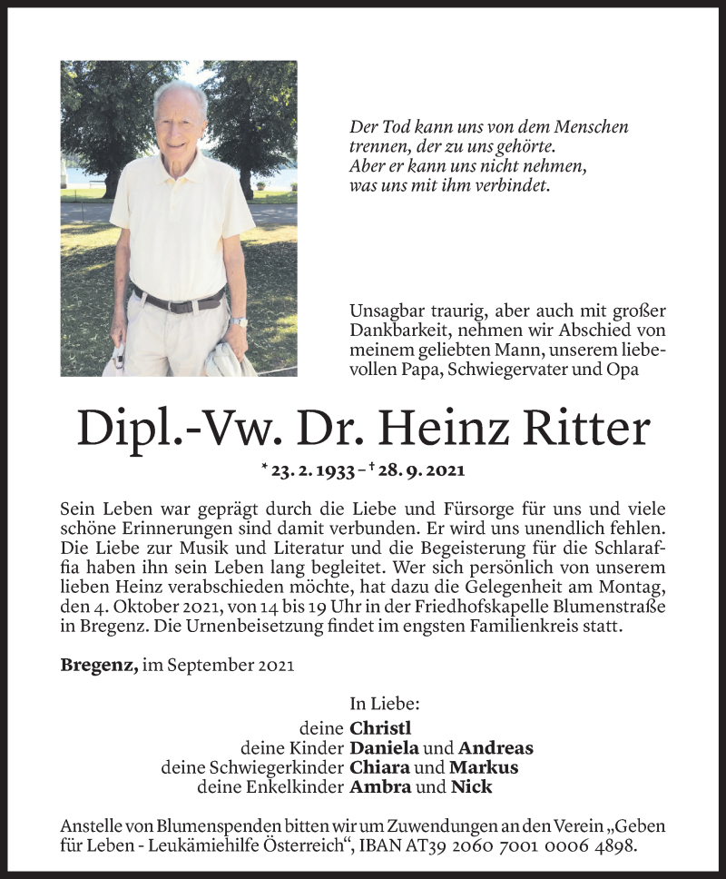  Todesanzeige für Heinz Ritter vom 02.10.2021 aus Vorarlberger Nachrichten
