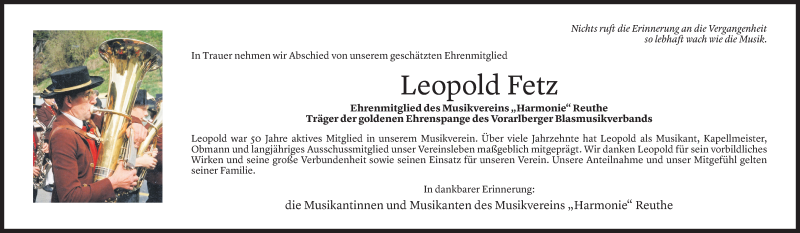  Todesanzeige für Leopold Fetz vom 15.10.2021 aus Vorarlberger Nachrichten