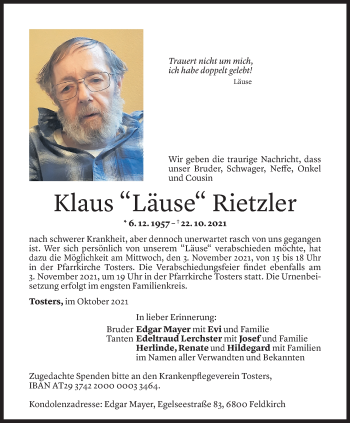 Todesanzeige von Klaus Rietzler von Vorarlberger Nachrichten