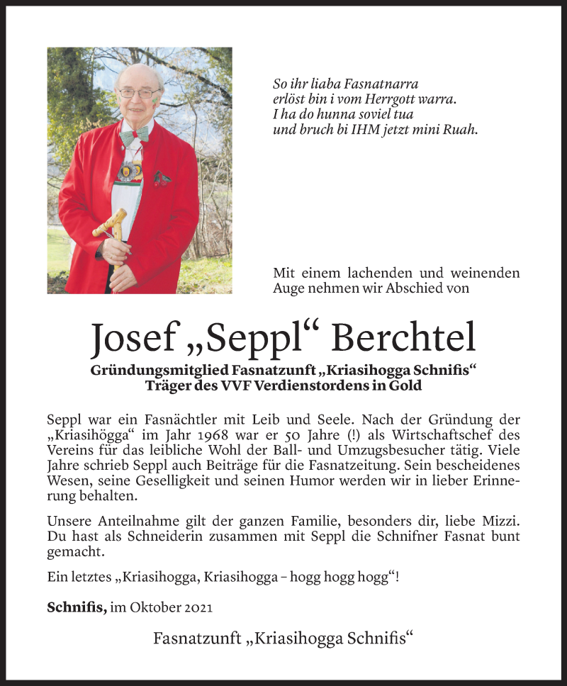  Todesanzeige für Josef Berchtel vom 05.10.2021 aus Vorarlberger Nachrichten