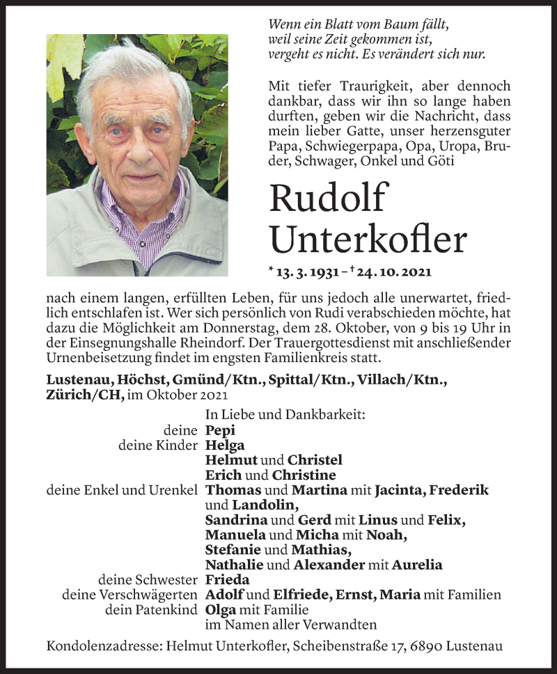  Todesanzeige für Rudi Unterkofler vom 26.10.2021 aus Vorarlberger Nachrichten