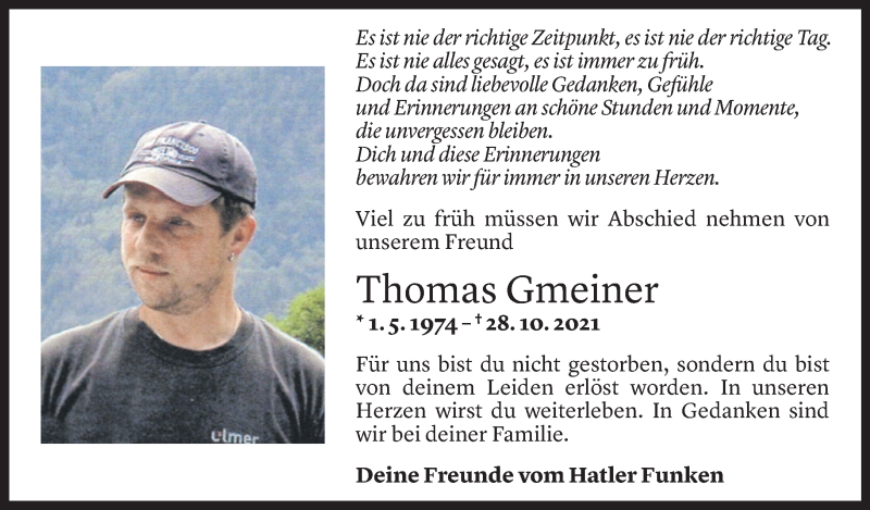  Todesanzeige für Thomas Gmeiner vom 29.10.2021 aus Vorarlberger Nachrichten